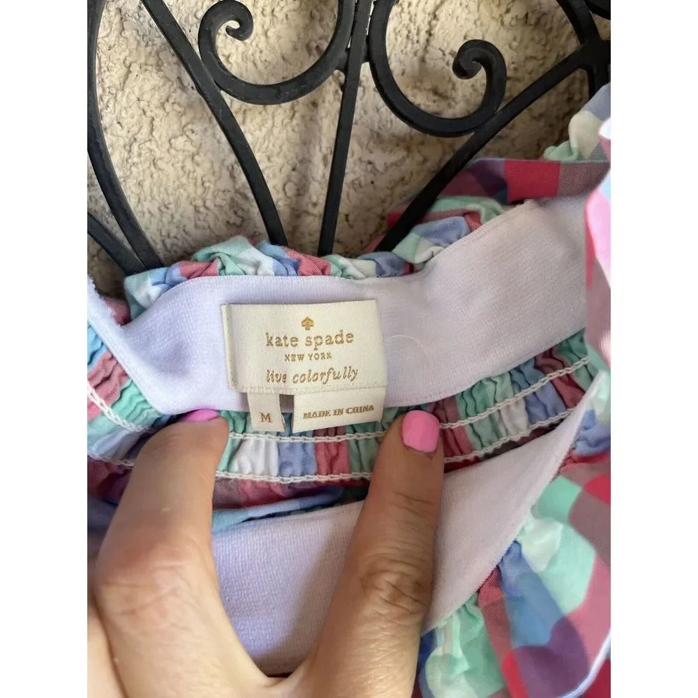 kate spade Pink and Light Blue Plaid Off-Shoulder Blouse